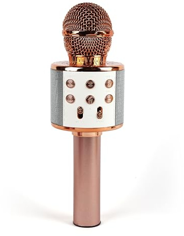 Play & Party Micrófono Karaoke Bluetooth 5.3 – Oro Rosa – Altavoz 5W, Luces LED, Efecto Eco, Batería 1200mAh