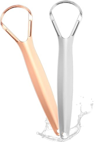 Metal Tongue Scraper 2 Pack, Copper & Stainless Steel Tongue Cleaner for Adults, Medical Grade Metal Tongue Scraper Set for Bad Breath Care, Durable Oral Hygiene Tools