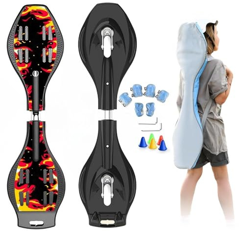 ZQHQKJ Waveboard für Kinder mit LED und 360° Lenkung, bis 100kg - inkl. Protektoren-Set und Tasche - robust & sicher mit Reflexstreifen,Feuer qilin rot