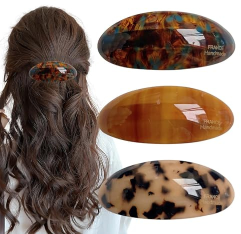 fKiZanthene Haarspangen Damen Set, Drei Ovale Französische Haarspange aus Acetat Optik für Niedrigen Pferdeschwanz, Vintage Hair Clip für Alltag Arbeit Zuhause