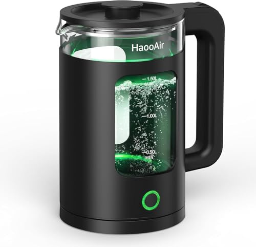 Haooair 1.5 Liter Electric Kettle with Green LED Lights, hot water kettle mat, Easy to Clean Glass Design, Fast Boil Quiet, BPA-Free, Boil-Dry Protection