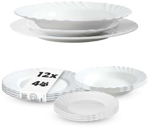 KADAX Vajilla de 12 piezas, juego de vajilla para 4 personas, con plato hondo, plato de postre y plato llano, juego de platos de cristal opal, juego de vajilla (blanco)