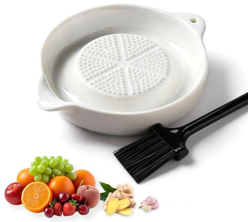 Garlic Grater Plate with Mini Brush, Ceramic Ginger Garlic Graters, Effortless Grating for Ginger, Onion, Spices & Fruits, Dishwasher Safe, Easy to Clean & Hang Storage
