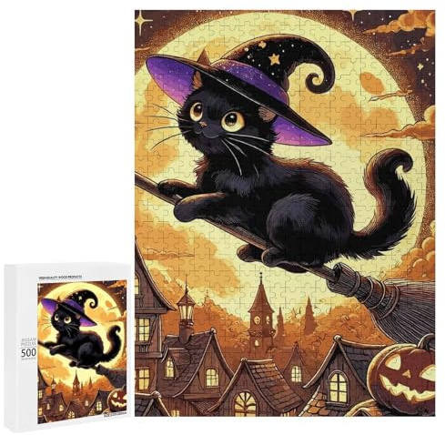 Adults Puzzles 500 PCS Jigsaws Black Cat Witch on Broom Puzzle for Adults Brain Teaser Game Analysis And Logic Parent-child Interaction 500 PCS