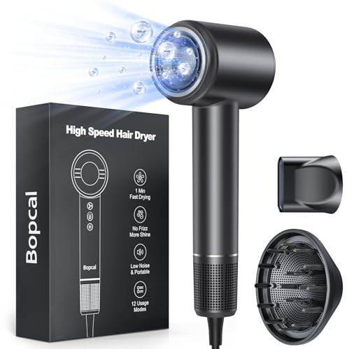 Bopcal Sèche-Cheveux Professionnel avec Diffuseur, 160000 Tr/min Haute Vitesse, Sèche Cheveux Ionique 500M Ions, Séchage Rapide Anti-Frisottis, Contrôle Intelligent Température, Léger et Silencieux