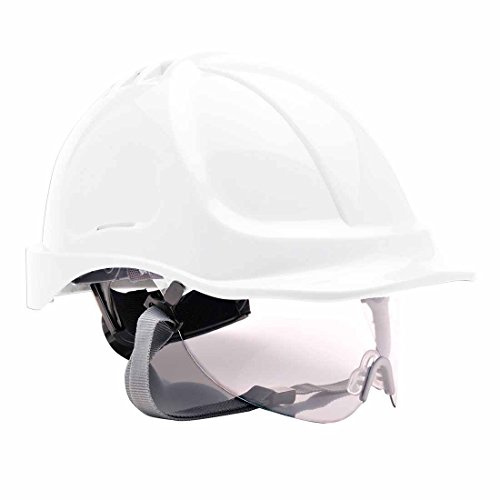Portwest PW55 Endurance Visor Helmet Hard Hat ABS Shell | White, One Size, EN 166, EN 397, Breathable Ventilation, Wheel Ratchet, Chin Strap, Head Protection