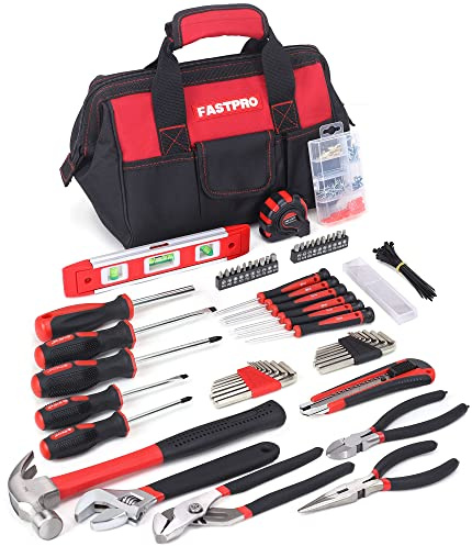 FASTPRO 215-Piece Home Repairing Tool Set with 12-Inch Wide Mouth Open Storage Bag, Household Hand Tool Kit,Red