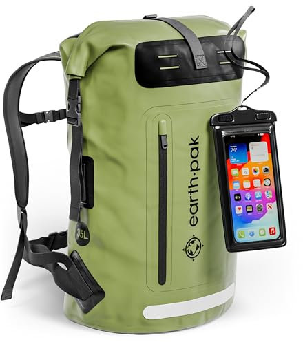 Earth Pak Summit Serie wasserdichter Rucksack, Backpack mit leistungsstarkem Reißverschluss und Rolltop, wasserfester Handyhülle Grün 55L