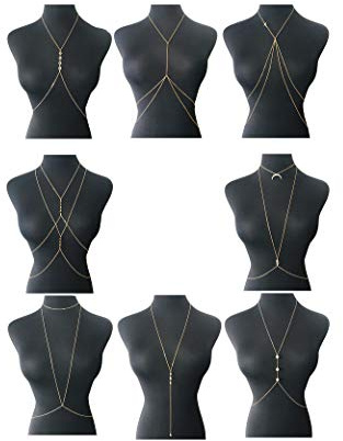 Tornito 8Pcs Sexy Body Chain Belly Waist Chain Necklace Summer Beach Bikini Bra Body Jewelry for Women Gold Tone