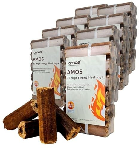 AMOS Ultra Dry High Energy Heat Logs Eco Friendly Low Smoke Minimal Ash Sustainable Recycled Wood Fuel for Open Fires Burners Chimeneas 240 Logs