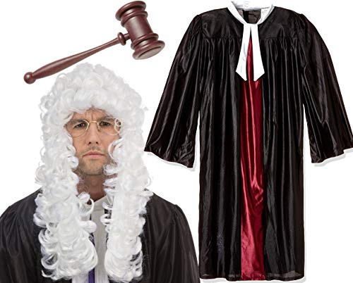 Mega_JumbleSale® High Court Judge Mens Fancy Dress Costume ~ Robe/Gown + Wig + Gavel Hammer | Carnival, Book Day, Role Play Kit for LORD, Aristocrat