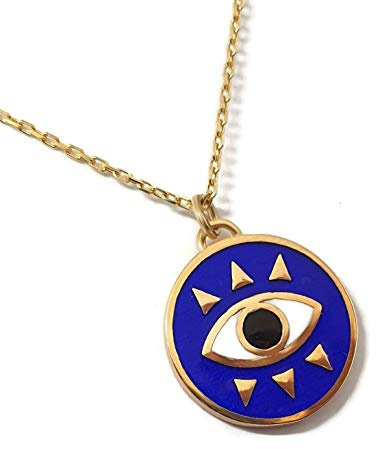 MYSTIC JEWELS by Dalia - Collar Redondo de Ojo Para buene Suerte - Plata de Ley 925 Esmaltada en color azul (Dorada)