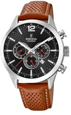 Festina Herrenuhr Analog aus Edelstahl und Leder Braun F20542/3 | Quarzwerk, Chronograph, Kalender, Widerstandsfähiges Mineralglas