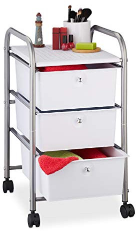 Relaxdays Badrollwagen, 3 Schubladen, Metall & Kunststoff, Rollcontainer Bad, Kosmetik, HxBxT: 60 x 33 x 39 cm, silber, 1 Stück