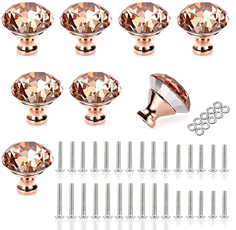 IGNPION 8Pcs Crystal Glass Cabinet Knobs 40mm Diamond Cut Drawer Handle Knob Decorative Cupboard Door Pull Handles for Bedside Cabinet, Dresser and Chest Furniture, Rose Gold
