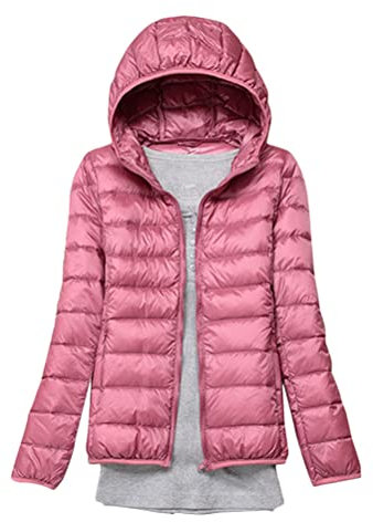 ORANDESIGNE Donna Piumino con Cappuccio Leggero Trapuntato Cappotto con Zip a Maniche Lunghe Tinta Unita Capispalla Invernale Cappotto Piumino Trapuntato Ultraleggero Rosa S