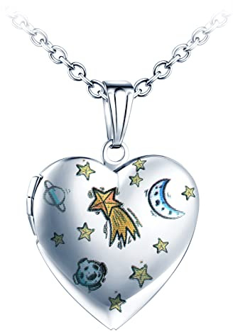 Yumilok Damen Kette Halskette Mond Planet Herz Medaillon Foto Anhänger Kette Amulett zum öffnen für Bilder Foto Amulett Halskette für Frauen Mädchen