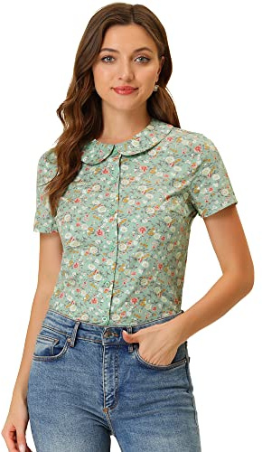 Allegra K Damen Blumen Knopfleiste Oberteil Retro Bubikragen Baumwolle Kurzarm Top Bluse Grün Orangeblumen S
