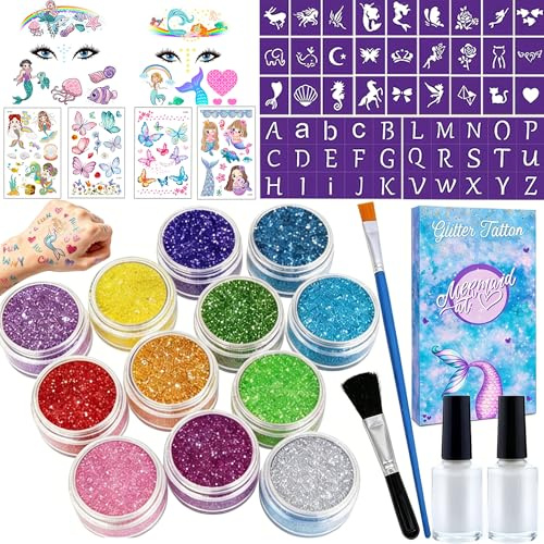 Lubibi Glitzer Tattoo Set für Mädchen Temporäre Glitzer tattoo 12 Farben Großen 57 Schablonen mit Meerjungfrau Schmetterling Tattoo Geschenk Kinder Teenager Erwachsene Party Festivals Halloween