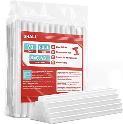 SHALL Barras de pegamento caliente de tamaño completo, 11 mm x 200 mm x 70 unidades, aptas para pistolas de pegamento para todo tipo de clima, multiusos, aptas para manualidades de niños y adultos