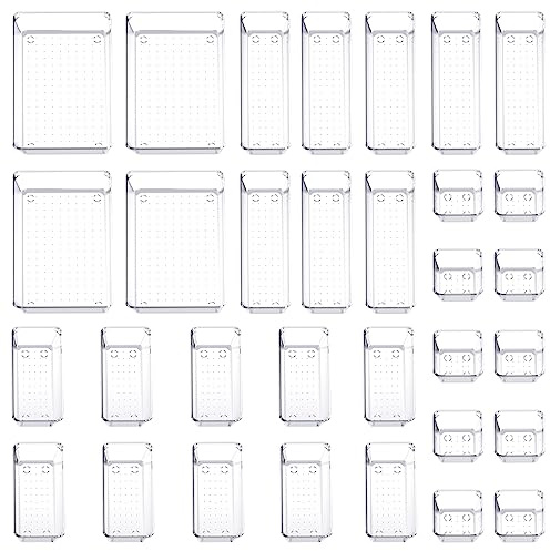Humbgo Drawer Organiser Makeup Clear Plastic - 32 Pack Desk Drawer Organisers With 4 Sizes Bathroom Trays Drawer Organiser Fridge Storage Boxes For Kitchen, Office, Dressing, Cosmetics