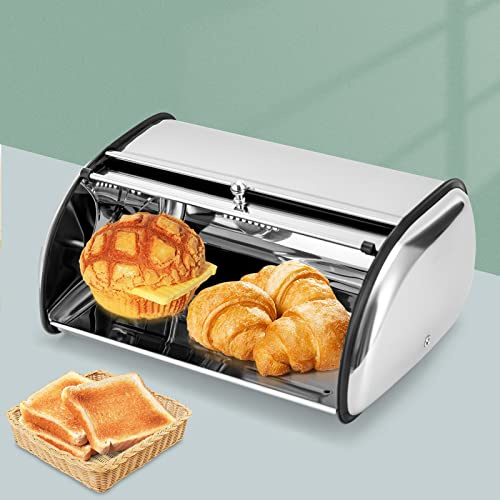 GMSLuu Boîte à pain en acier inoxydable avec couvercle enroulable et trous d'aération pour la cuisine, longue durée, fraîche, résistante aux chocs