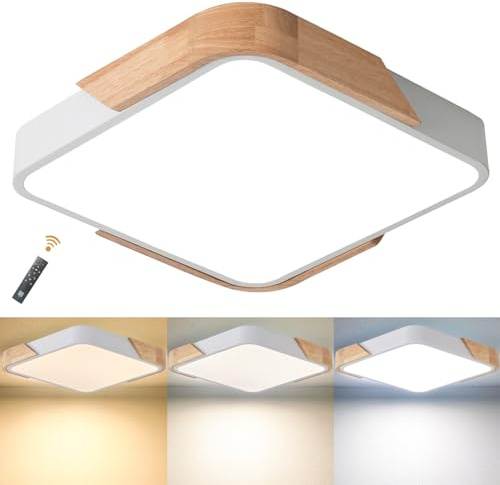 LuFun LED Deckenlampe Holzoptik 24W Dimmbar mit Fernbedienung 30x30cm Weiß | Flache Wohnzimmerlampe 3000K-6000K,Moderne LED Deckenleuchte für Schlafzimmer Küche Arbeitszimmer Flur Büro