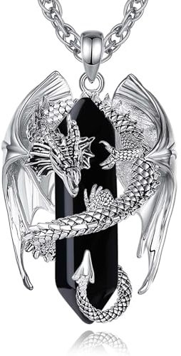 INFUSEU Drachen Kette, Kristall Halskette Nordischer Drache Eingewickelt Zylinder Edelstein Schwarzer vintage Obsidian Anhänger Sechseckiger Heilkristall Gothic Geschenk für Männer Frauen