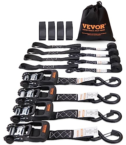 VEVOR Ratchet Tie Down Straps (4PK), 5208lbs Break Strength, 1.6 x 8' Heavy Duty Ratchet Tie Down Strap Set with Padded Handles, Coated S Hook, Soft Loop for Moving Appliances Motorcycle ATV Truck