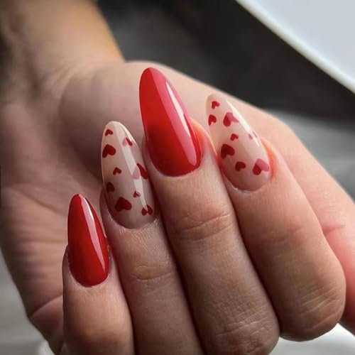 24 Stück Valentinstag Künstliche Nägel Mandel Mittel Falsche Nägel Rot Liebesherz Glänzend Französische Kunstnägel Press on Nails 12 Größen Acryl Fingernägel Nägel zum Aufkleben für Frauen und Mädchen