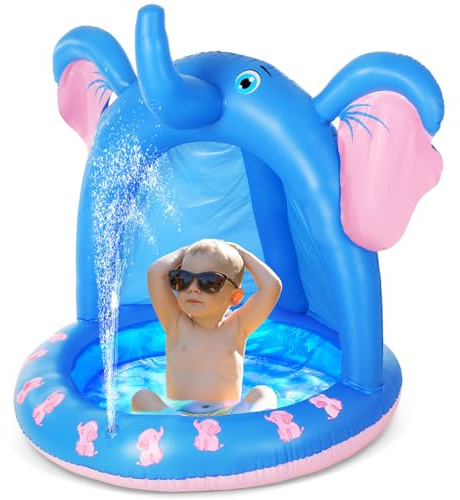 Relaxgiant 47 Inches Baby Pool with Canopy Elephant Inflatable Baby Swimming Pool with Soft Floor Bottom and Built in Sunshade Water Sprinkler for Kids Outdoor Indoor Game Play Center