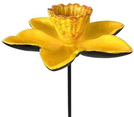 Fleur à Piquer Tuteur de Jardin en Fonte Colorée Jaune Bain Oiseau Décoration Extérieure Motif Jonquille 17,5x17,5x77cm