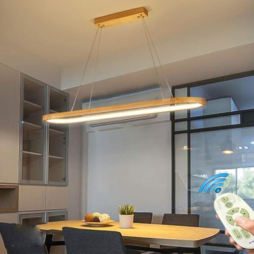 LED Pendelleuchte Holz Dimmbar Esstisch Hängelampe Höhenverstellbarer Esszimmerlampe Modern Kronleuchter mit Fernbedienung Wohnzimmer Tisch Deko Decke Hängeleuchte Küchen Hängend Lampen Beleuchtung