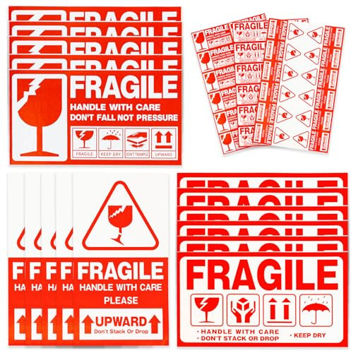 360 Stk Warnetiketten Aufkleber, Warnetiketten Aufkleber Zerbrechlich Fragile, Warnung Schild Premium Folie selbstklebend, Vorsicht glas, Orsicht Zerbrechlich Etiketten, leuchtrot Umzugs-Etiketten