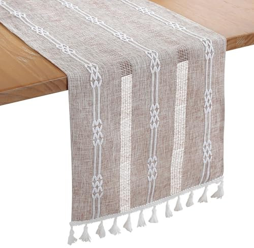 Bigqin Boho Table Runner with Tassels, 183x33cm/72 x13 Table Decoration, Linen Beige Table Runner Tablecloth for Home Wedding Decoration, Coffee