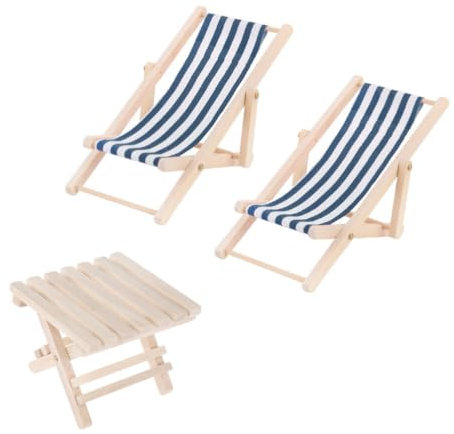 TOYANDONA 1 Set Miniatur-Strandstühle Im Maßstab 1:12 Mini-Loungesessel Aus Holz Faltbarer Liegestuhl Streifen-Sonnenstuhl Modell Zum Basteln Puppenhaus-Zubehör Blau