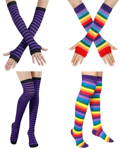 ZOCONE 4 Paar gestreifte Oberschenkelstrümpfe Armstulpen-Set, Overknee, Oberschenkelhohe lange Socken mit fingerlosen Handschuhen für Damen und Mädchen, gestreifte Kniestrümpfe, Arm- und Beinstulpen,