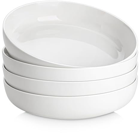 MALACASA Serie LUNA - Juego de 4 Cuencos para Pasta de Porcelana de 1440 ml, Set de 4 Boles para Pasta 23,1 x 5 cm, Platos Hondos Ideales para Servir Pasta, Ensaladas y Sopas, Blanco