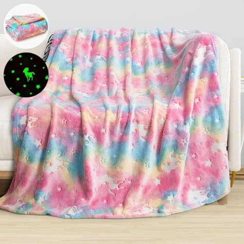 Emilie-Textil Flauschige Kinderdecke, Kuscheldecke mit leuchtenden Motiven wie Einhorn, Dino, Weltraum und Gaming - Weiche Fleecedecke für Mädchen und Jungen, (Rosa Einhorn, 200X150)