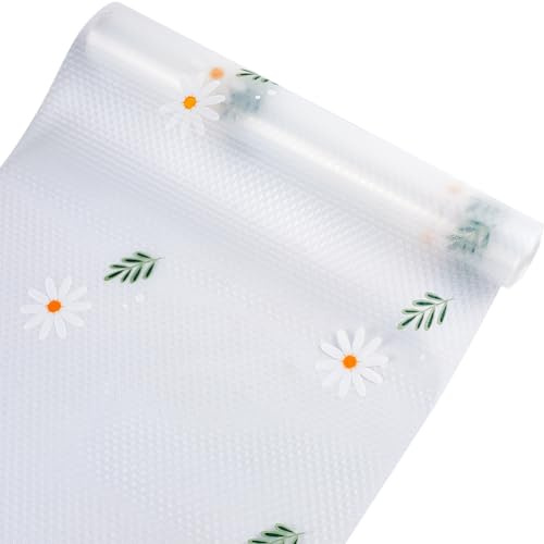 GORGECRAFT Clear Small Daisy Shelf Drawer Liners 30x300cm Kitchen Cabinet Liner Waterproof Fridge Mats Non Adhesive Non-slip Oil-proof Wipeable Cupboard Protector Refrigerator Mat for Dresser Bathroom