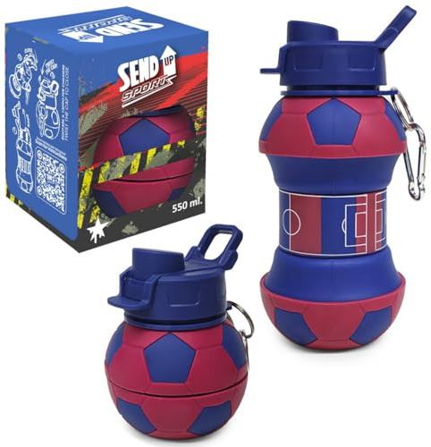 SEND UP Borraccia Calcio ROSSO/BLU Squadra del Cuore, 550ml Pieghevole a 200ml, Senza BPA, Infrangibile, Lavabile Lavastoviglie, Tappo Vite Igienico, Materiale dal Silicio, Regalo Sportivo Ecologico