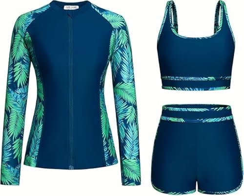 Kate Kasin Women's 3-Piece Swimsuit Set Zip Rash Guard Coat Padded U-Neck Tops Elastic Waist Briefs for Beach Water Activities Peacock Blue-Green Leaf L