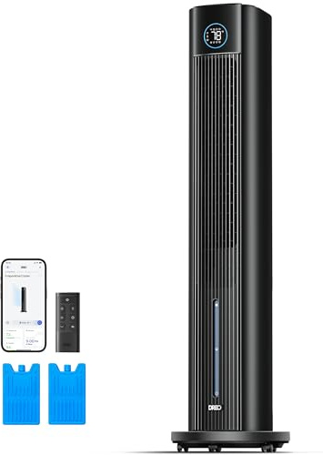 DREO Tower Fan for Bedroom, 43 Cooling Fans That Blow Cold Air 2025 Upgraded, Evaporative Air Cooler, Quiet 85° Oscillating Floor Fan, Easy Cleaning, APP Control, 4 Modes & 4 Speeds, 12H Timer, Black