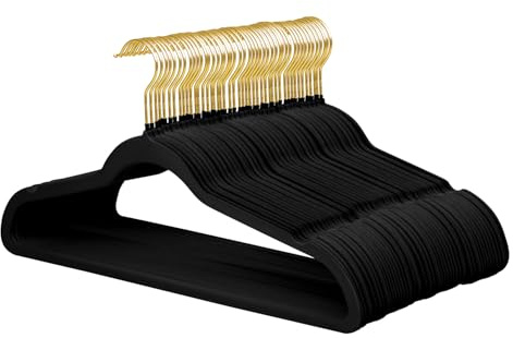 ManGotree Velvet Coat & Suit Hangers - No-Slip Felt Ultra-Slim Space Saving with 360 Degree Swivel Gold Hook, 48 Pack (Black)