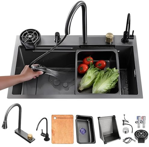 HZKSINNK Evier Cuisine, Evier Acier Inoxydable Bar, Noir Évier De Cuisine Multifonctionnel, Avec Robinetterie Extractible Préparation Avec Kit De Vidange, Facile À Nettoyer(Black/#a1,80x50cm)