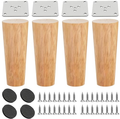 4 Pcs 12cm Wooden Furniture Legs, Solid Vertical Sofa Foot with 32 Screws, Anti-Slip Mats and Mounting Plate, Bed Replacement Support Feet for Chair, TV Cabinet, Cupboard, Dining Table, Couch, Dresser