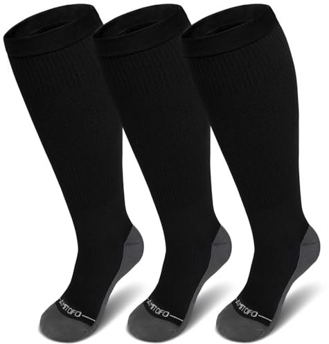 PUTUO Large Calf Flight Socks: Plus Size Compression Sock for Men Women - Extra Wide Calf Graduated Compression Stockings for Support Travel Pregnancy Edema Nurses Seniors 20-30 mmhg Black 3XL 3Pairs
