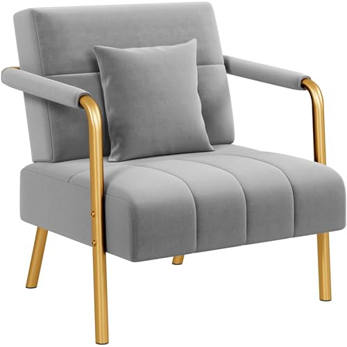 Soberine Poltrona Imbottita da Salotto 75,5 × 72,5 × 76 cm Poltrocina con Cuscino Sedia in Velluto per Soggiorno Lettura Sala d'Attesa Camera da Letto Ufficio Grigio Chiaro