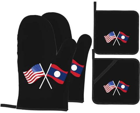 Mitaines De Cuisine Drapeau Américain Et Laotien Antidérapant Gauntlet Professionnel Maniques Cuisine pour Cuisson Grillade Femmes,4 Pièces