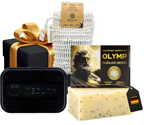 Meduna Seifen-Set – Seifendose mit Abtropfeinsatz + Olymp Godlike Peeling-Seife (100g) + Sisalsäckchen – Nachhaltiger Seifenbehälter & vegane Naturseife mit Bergkräutern – Made in Germany für Männerpf